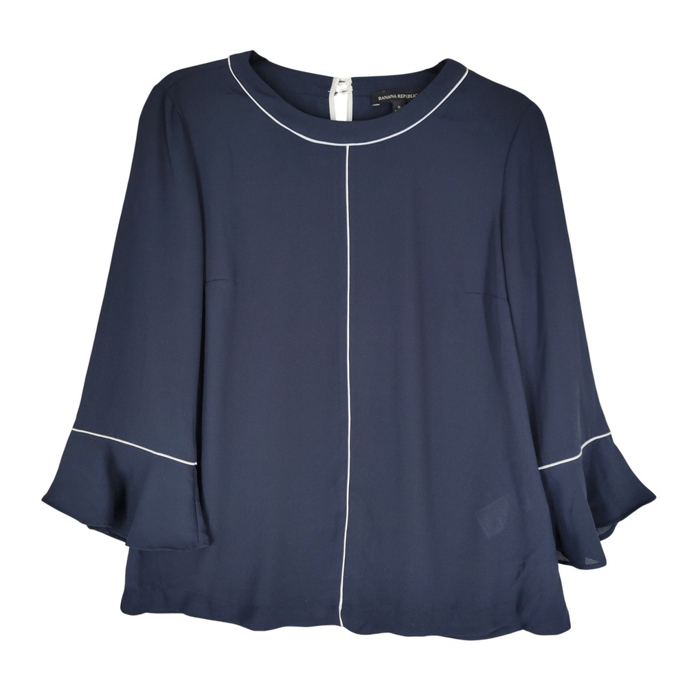 Banana Republic Blouse Top Women Small Navy Blue 3/4 Bell Sleeve Piping Office‎